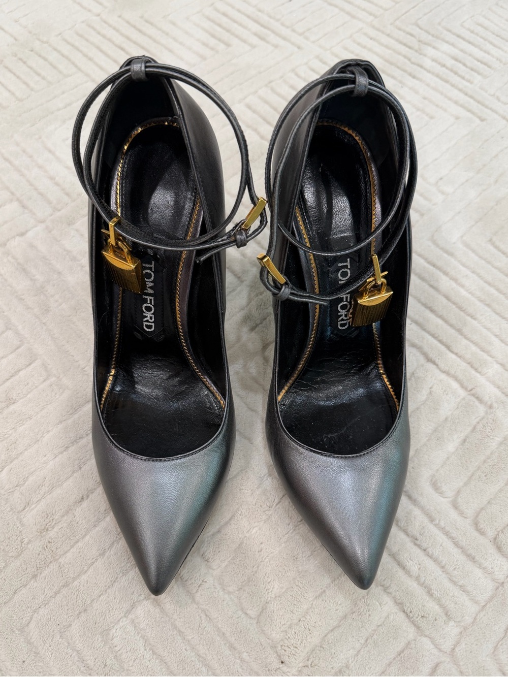 Tom Ford Iridescent Black Pointed-Toe Ankle-Strap Pumps - Picture 1 of 4